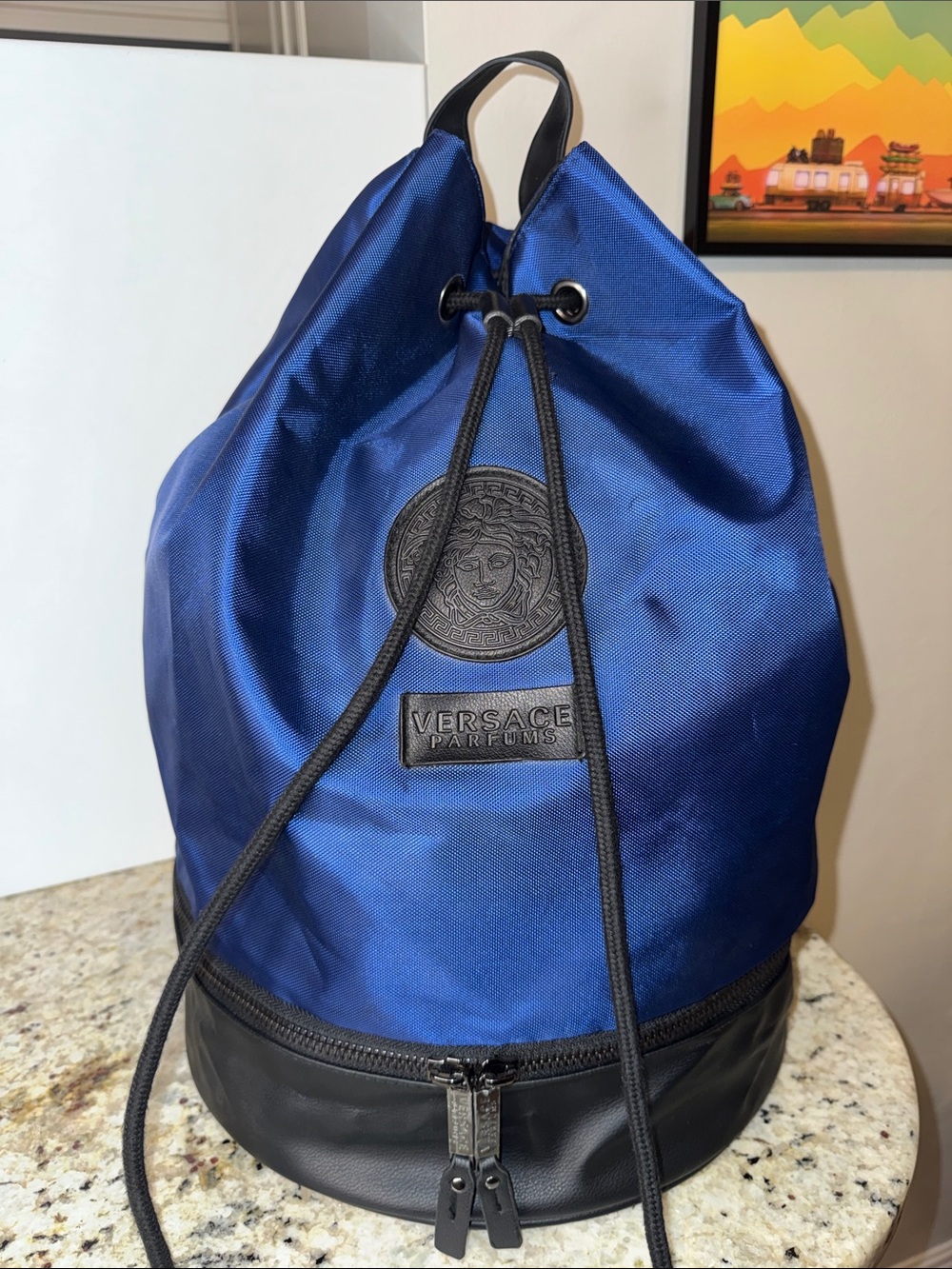 Versace Parfums Navy Blue & Black Drawstring Backpack—Medusa Logo